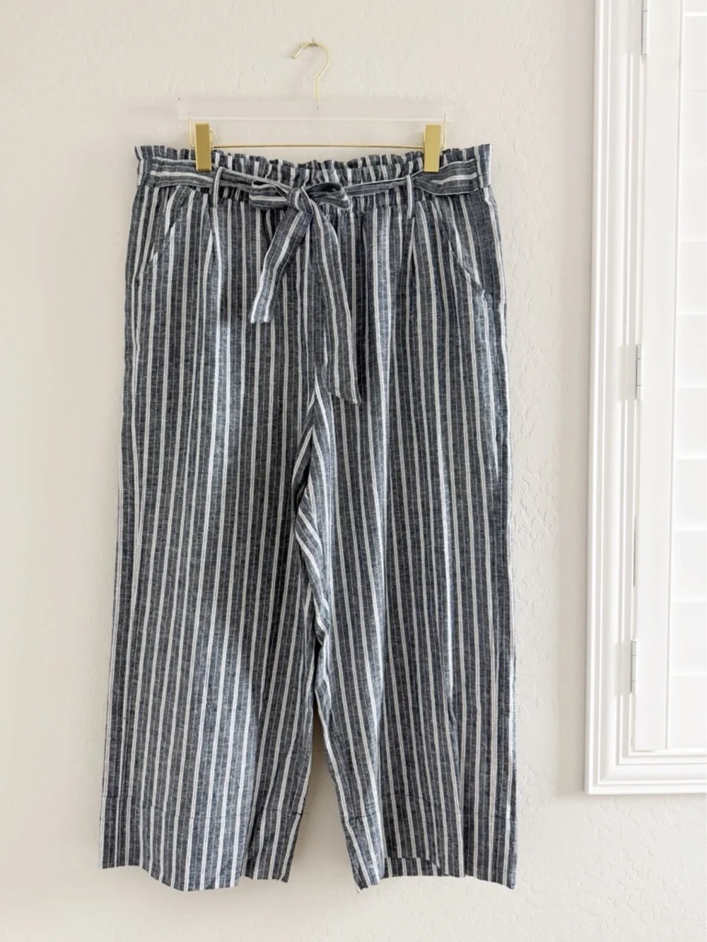 Knox Rose Linen Blend Striped Wide Leg Paper-bag Boho Belted Pants Size XXL - Picture 2 of 7